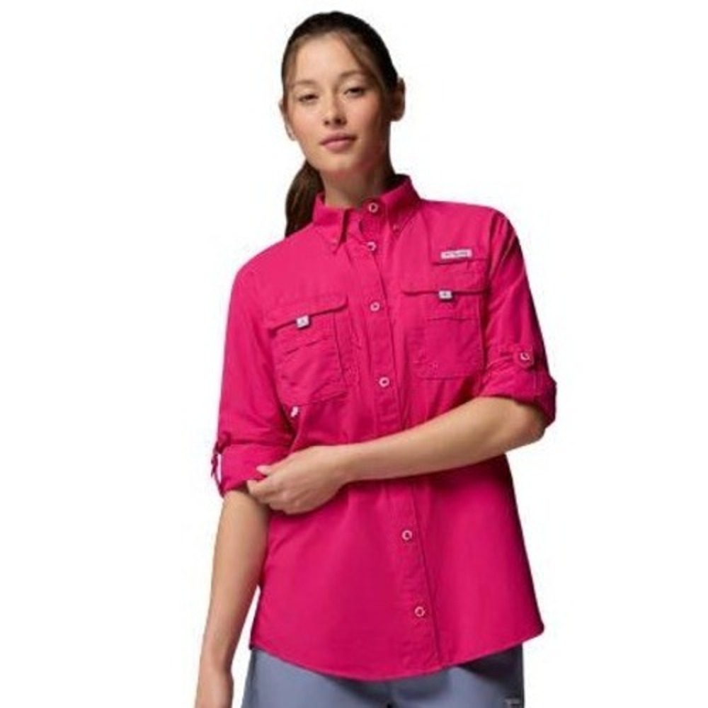 Columbia PFG Bahama II Long Sleeve Fishing Shirt Pink Women Large UPF 30 Vented